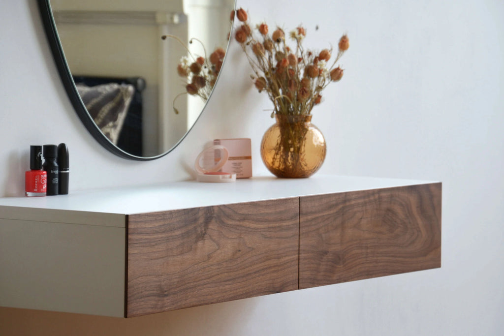makeup shelf with walnut drawers