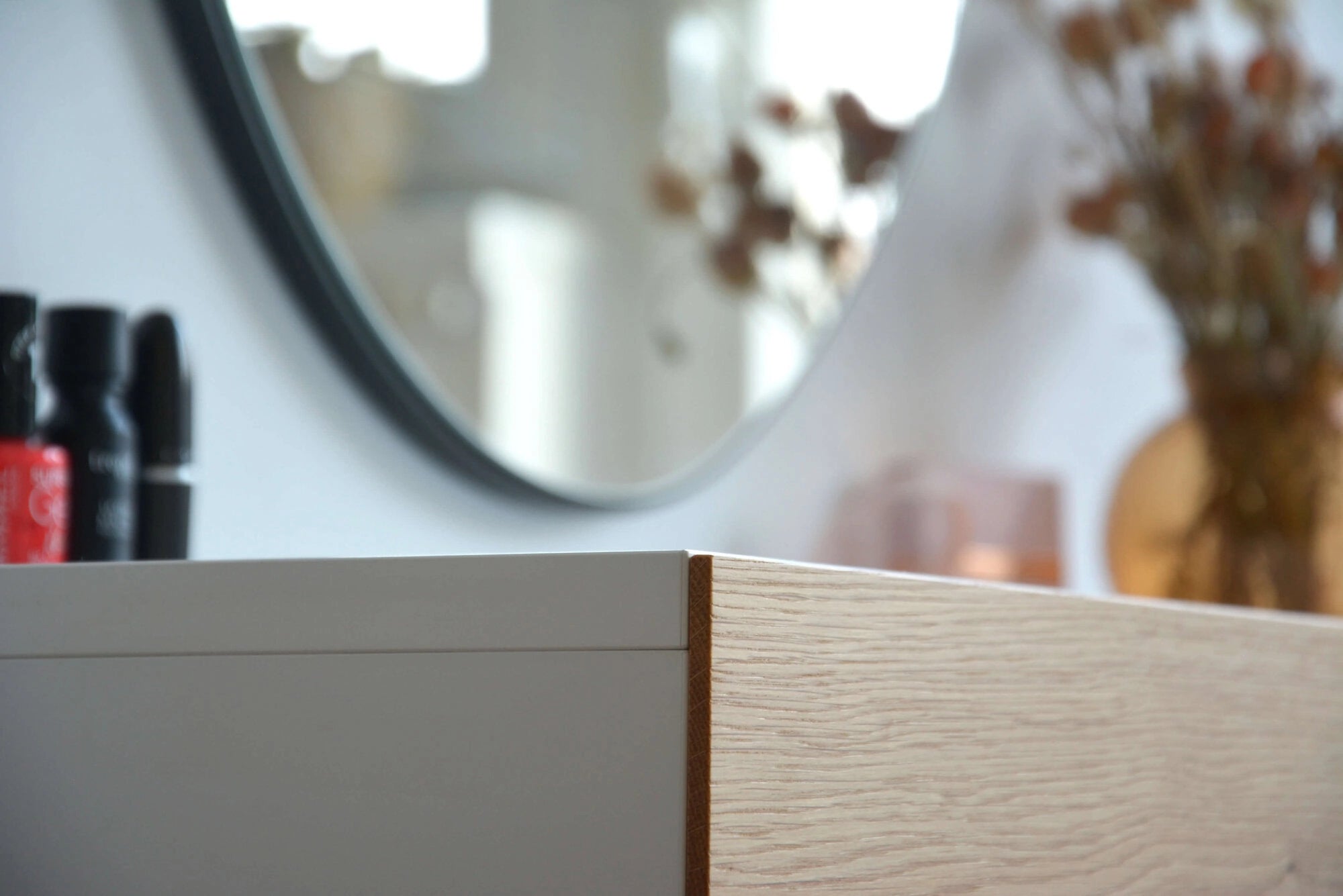 makeup vanity with oak drawers