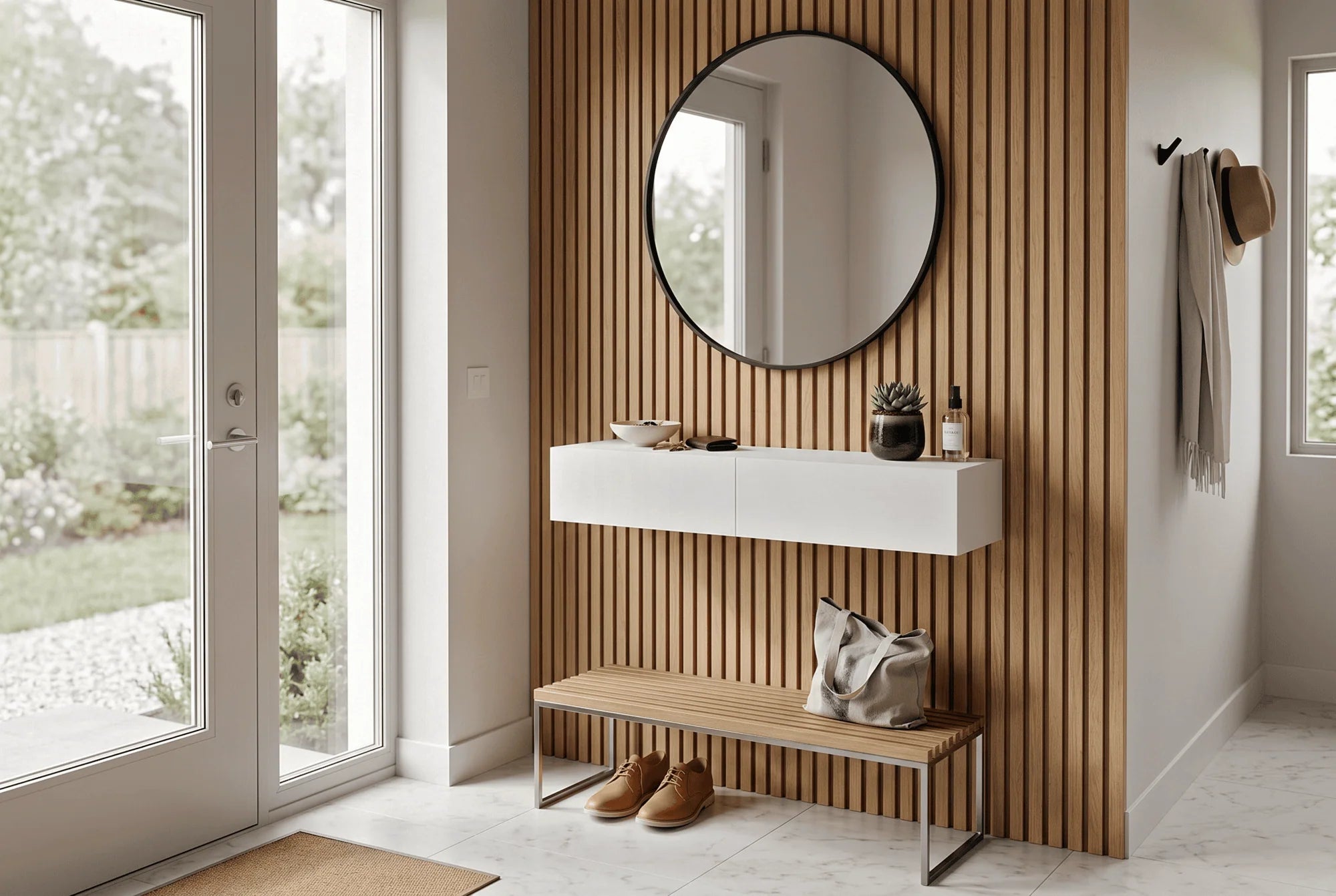 modern entryway interior with slatted wall
