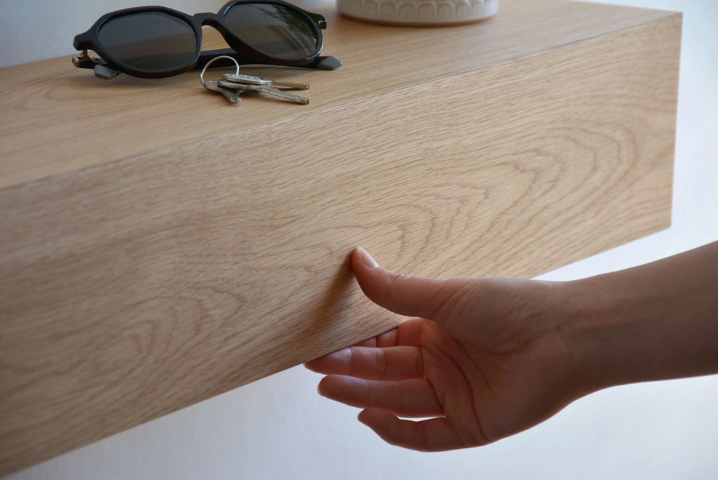 narrow entryway shelf made of oak