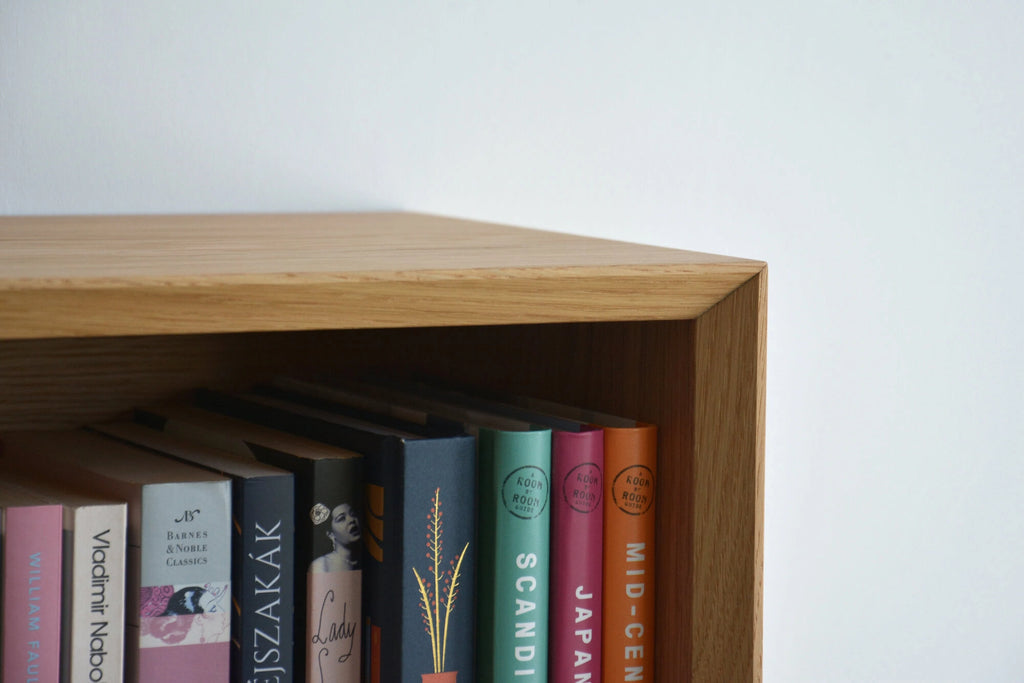 oak bookshelf with mitered edges