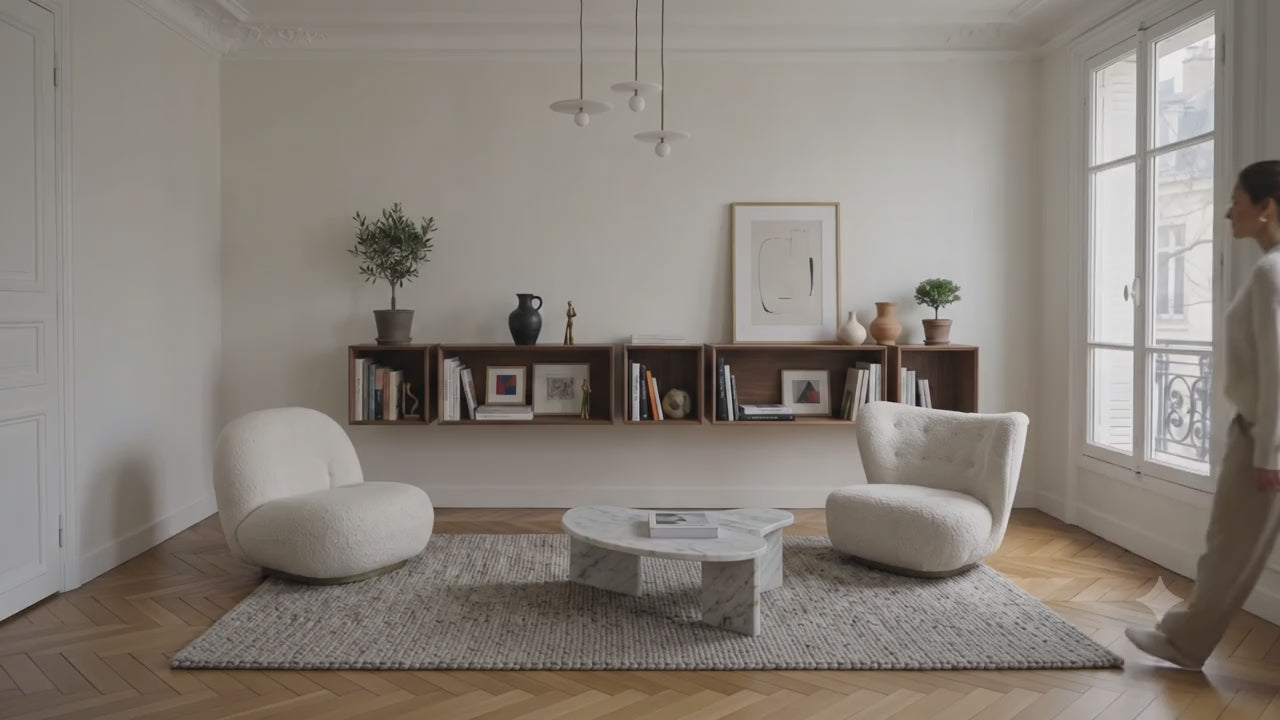 woman with floating bookshelves