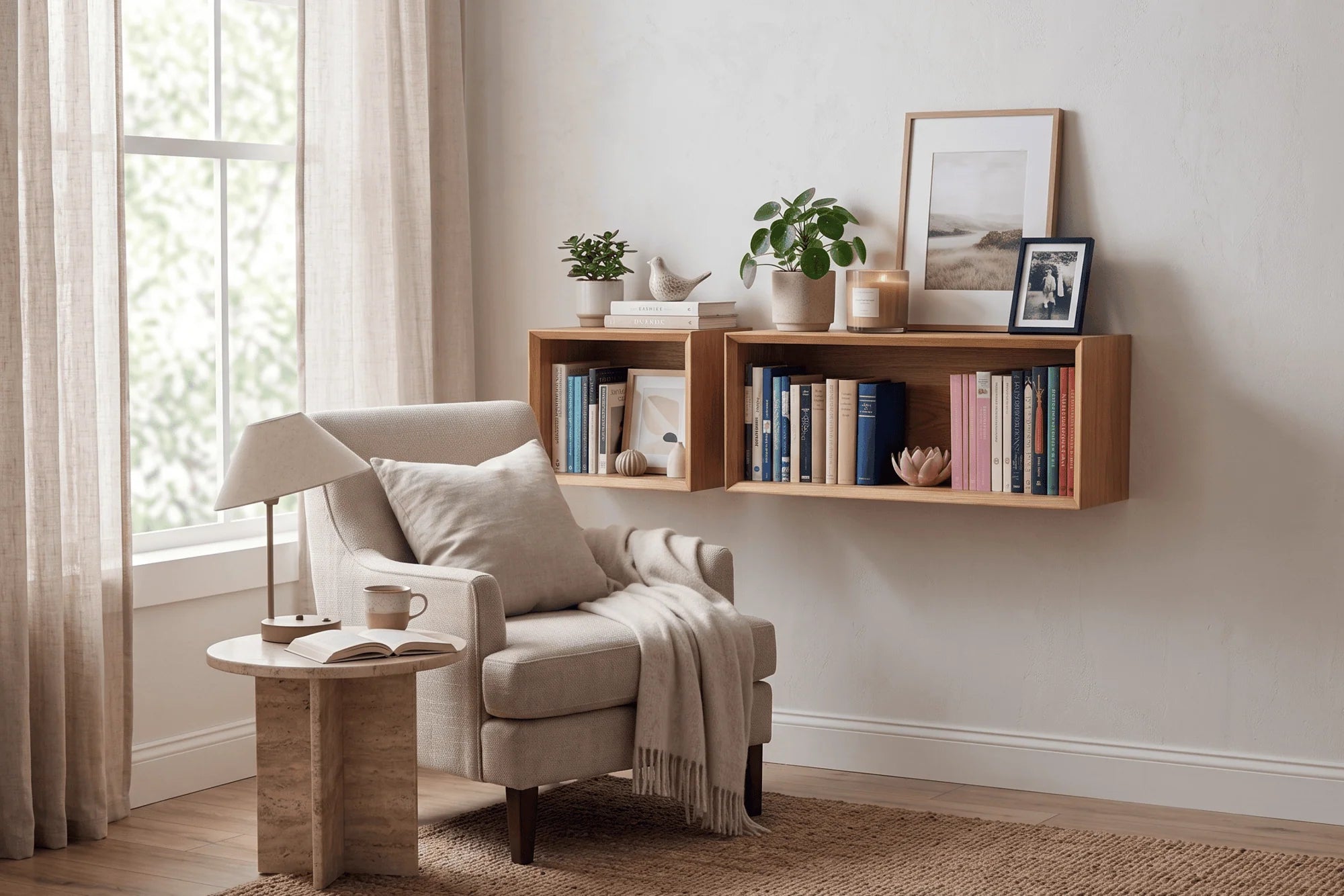 reading nook with floating bookshelf
