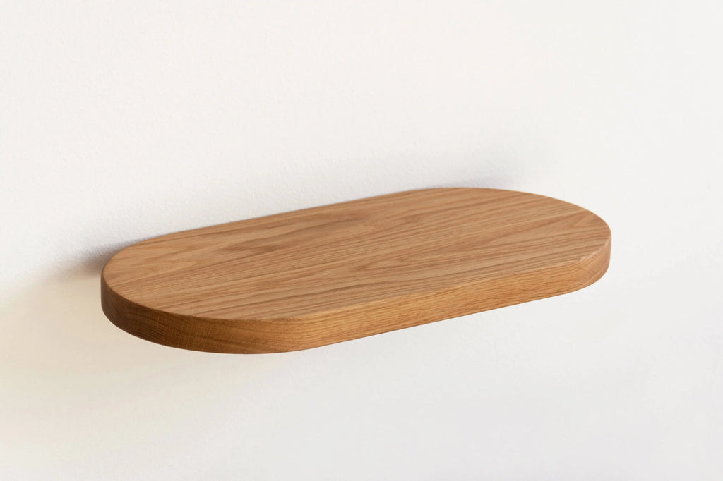 round floating shelf in oak color