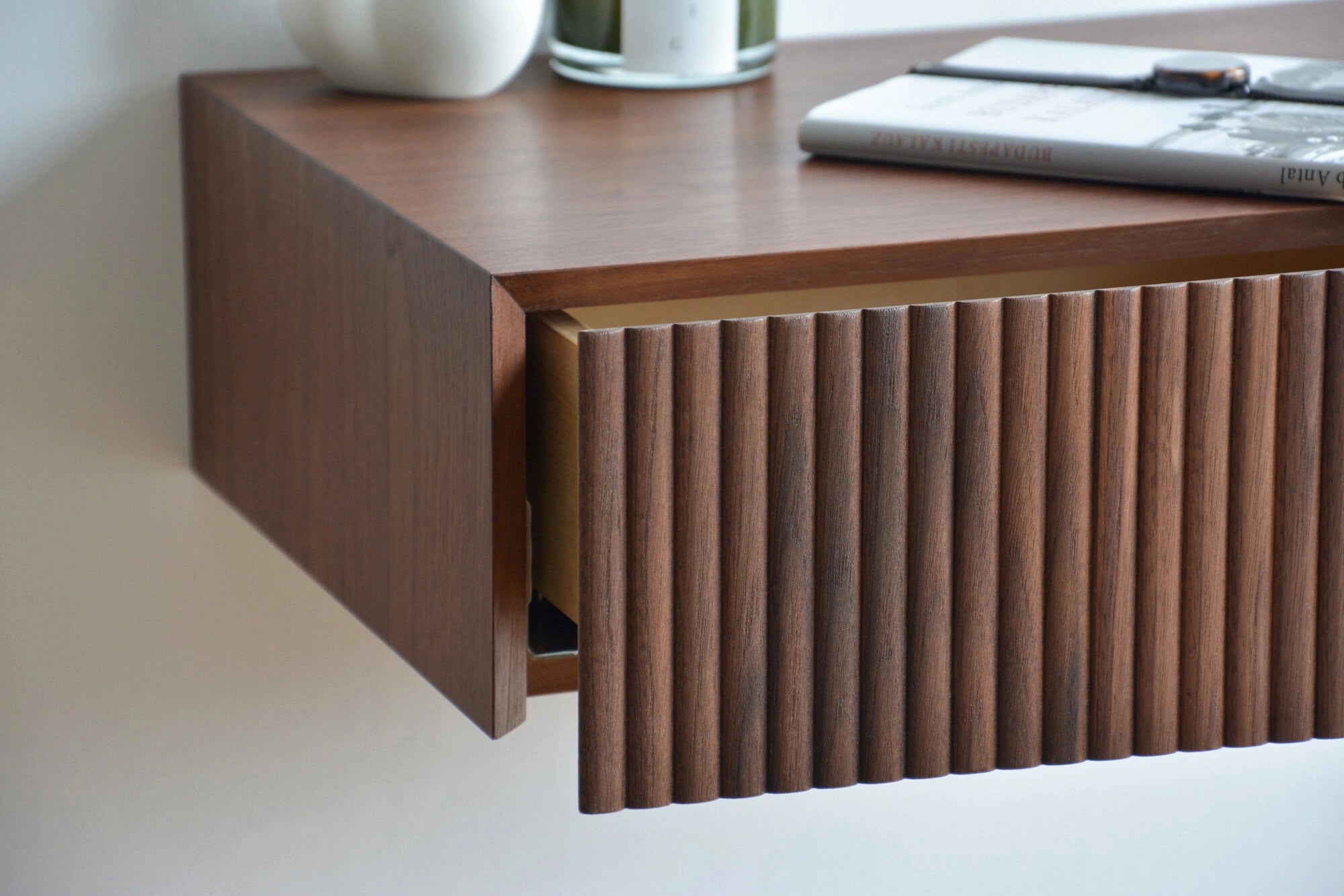 walnut nightstand with fluted drawer