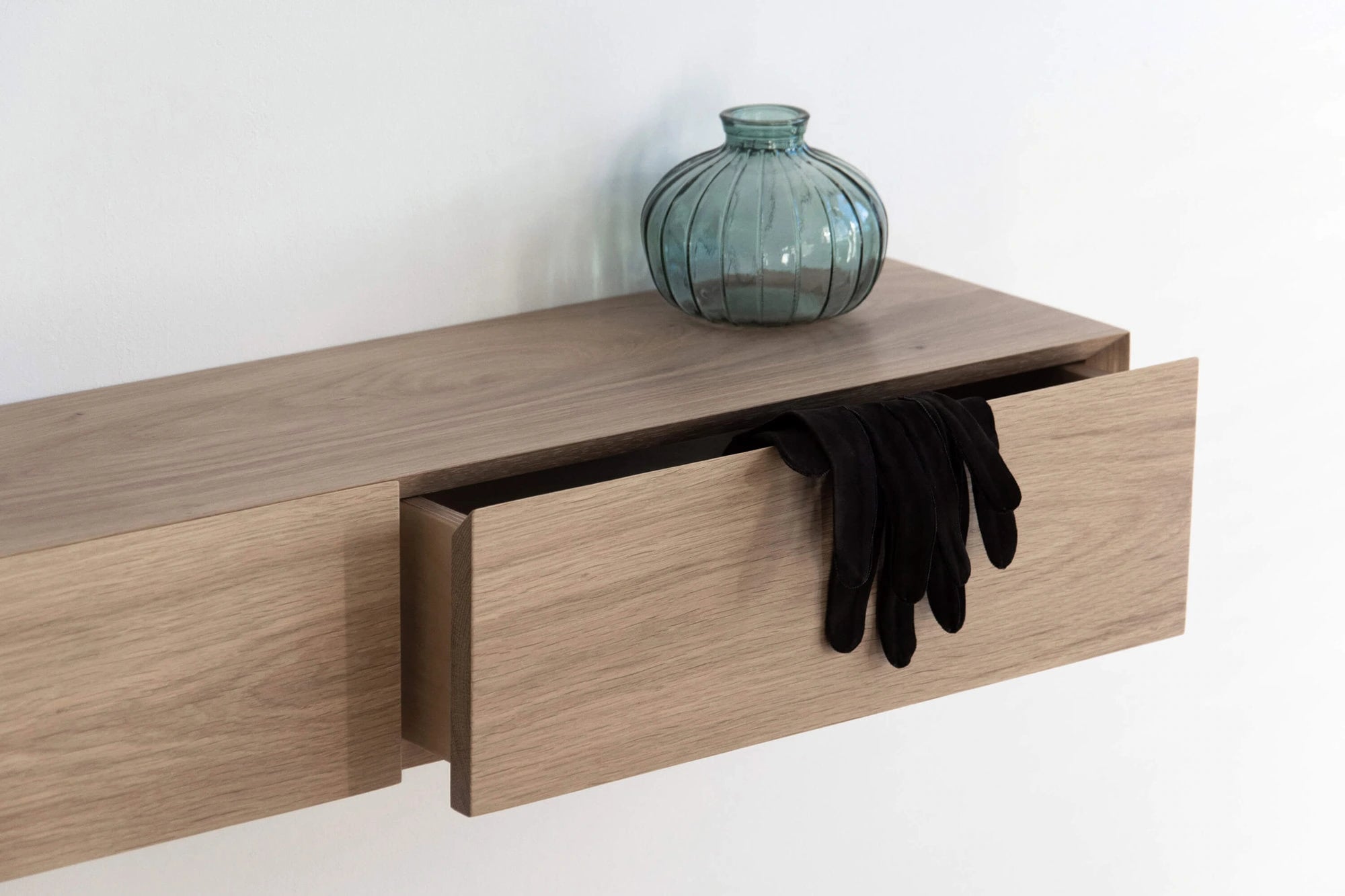 white oak floating entryway shelf