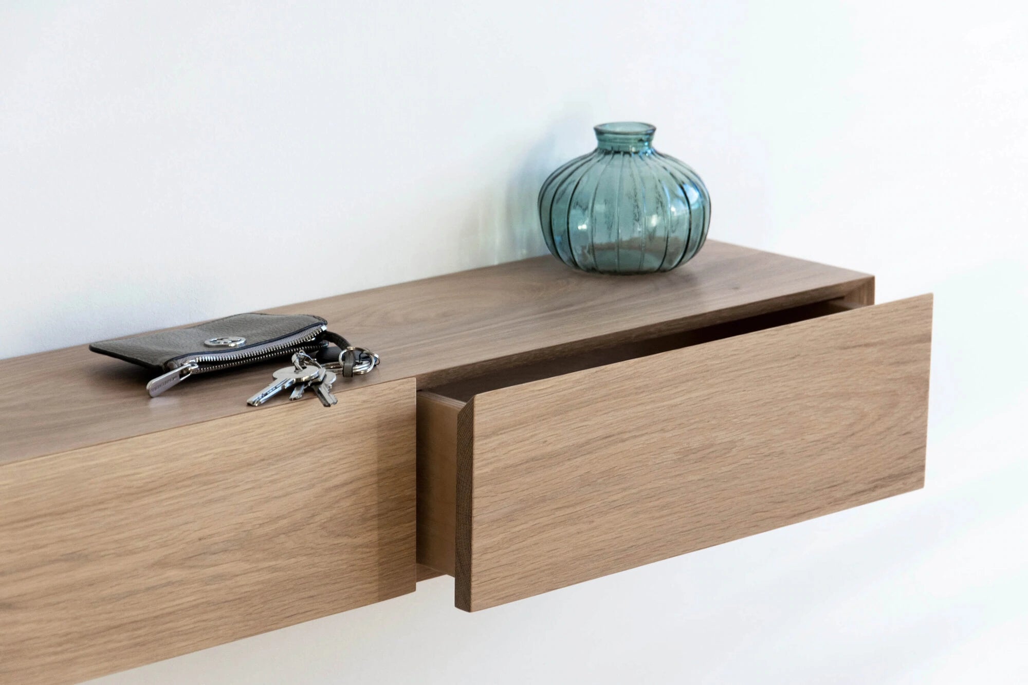 white oak floating shelf with drawer